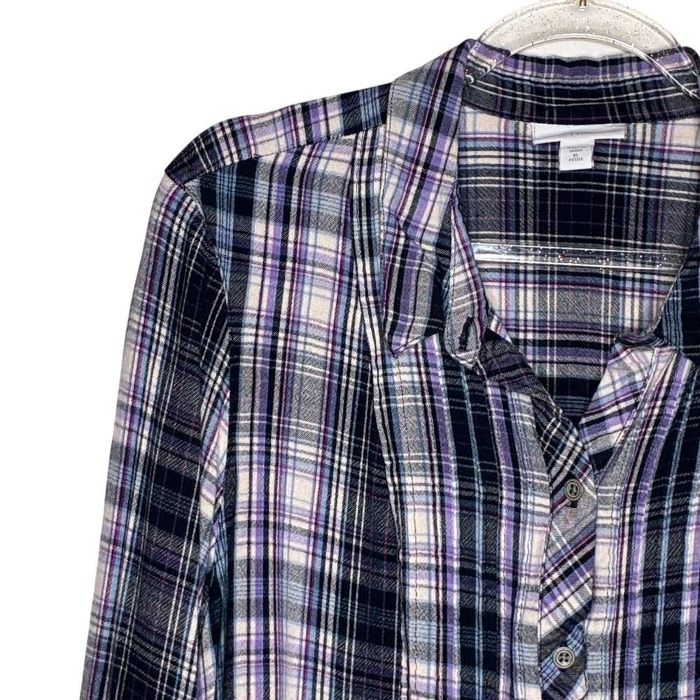 J Jill Womens XL Petite Plaid Top Blouse Button Front Blue Flannel Lumberjack - Picture 2 of 9